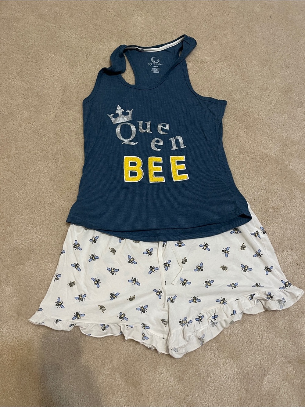 Pj Couture Navy Blue Racerback Tank & White Bee Print Shorts Pajama Set size L